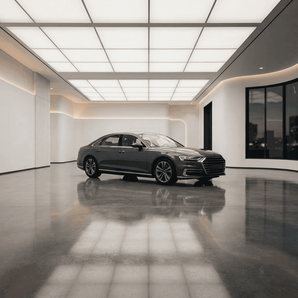 Premium sedan in a minimalist studio showroom with bright walls