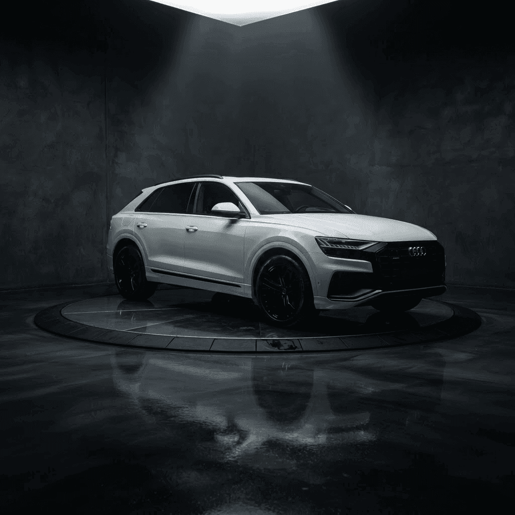 White luxury SUV on a turntable in a dark studio with spotlight