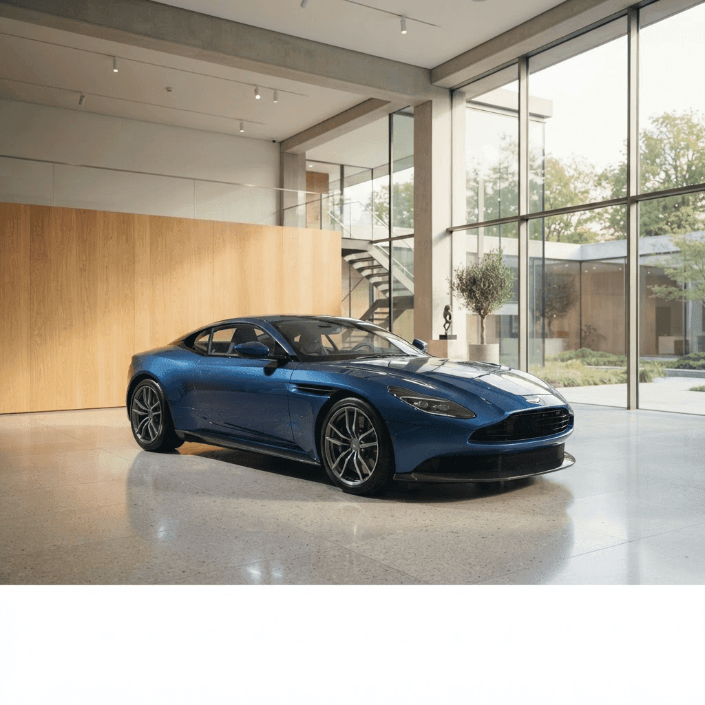 Blue premium coupe in a bright gallery with daylight and wood wall