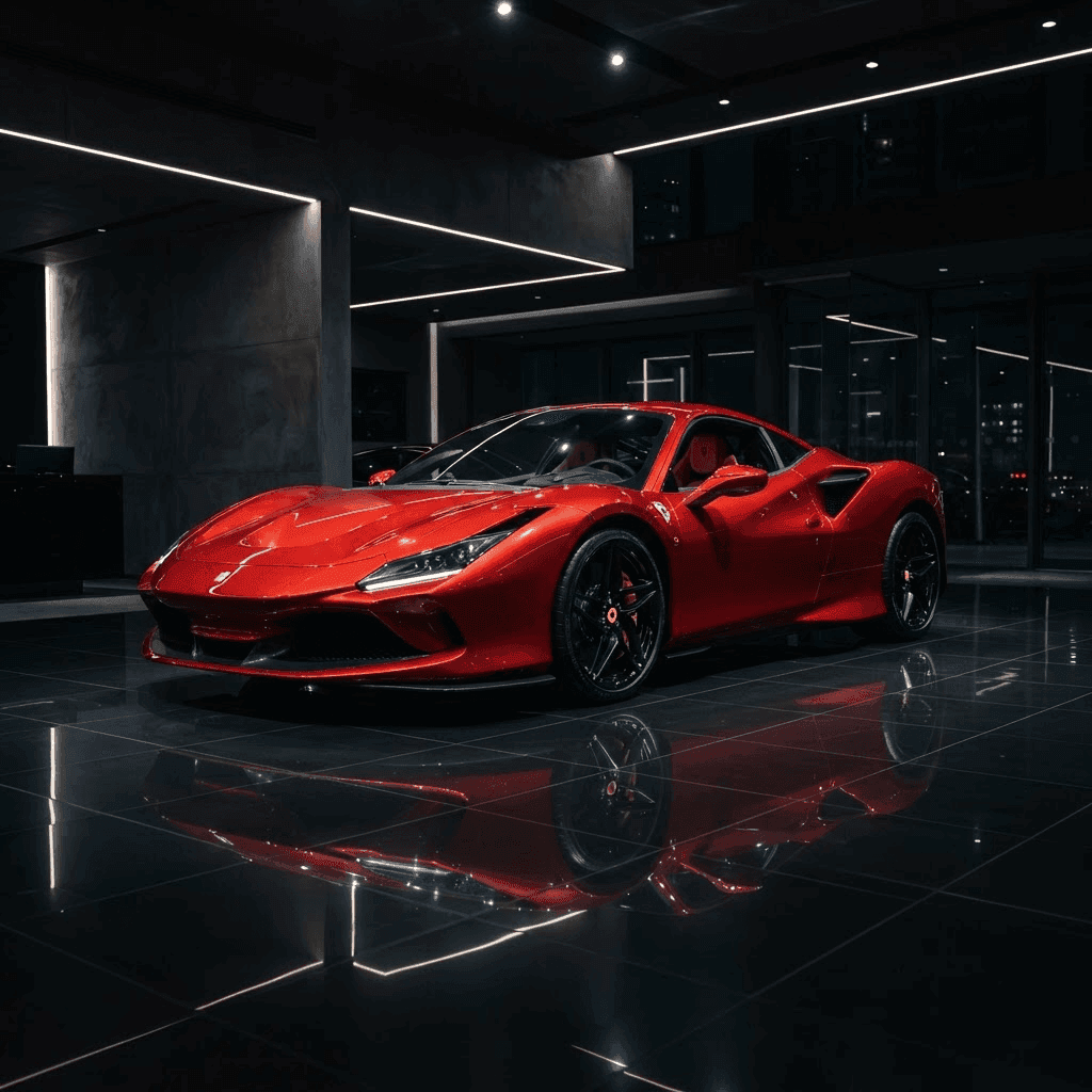 Red sports car under ceiling spotlights in a dark showroom at night
