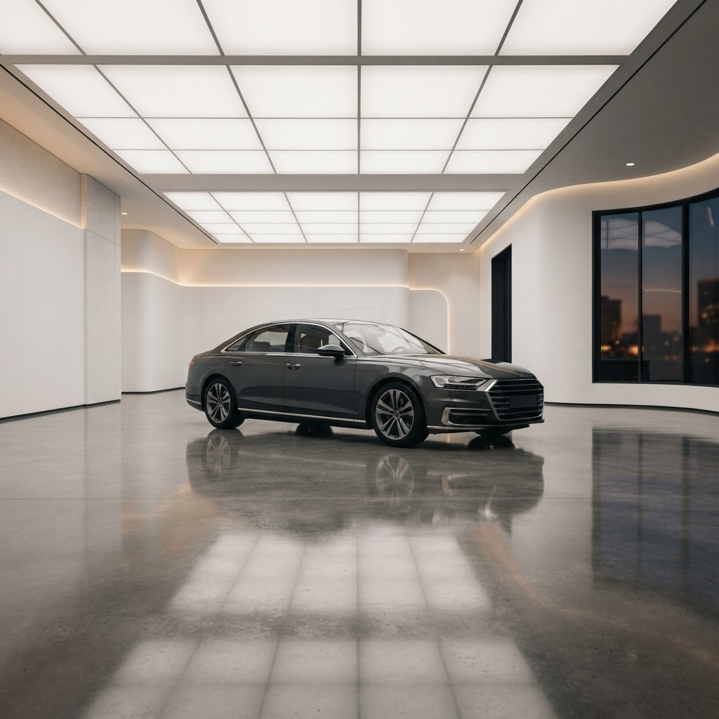 Premium sedan in a minimalist studio showroom with bright walls