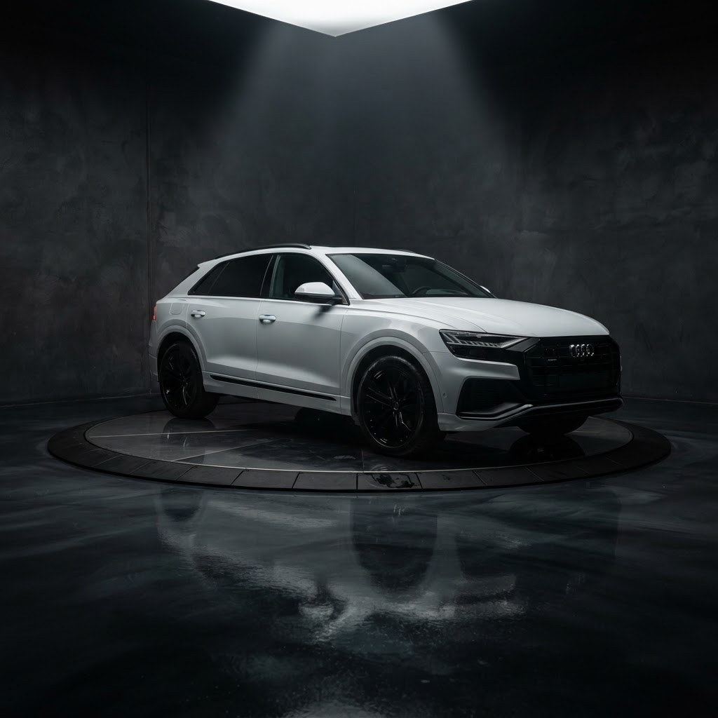 White luxury SUV on a turntable in a dark studio with spotlight